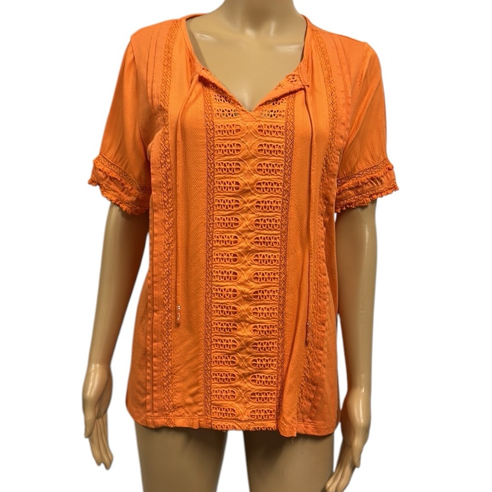 Soft Surroundings Orange Short Sleeve Tassel Eyelet Lace Tee Petite Small